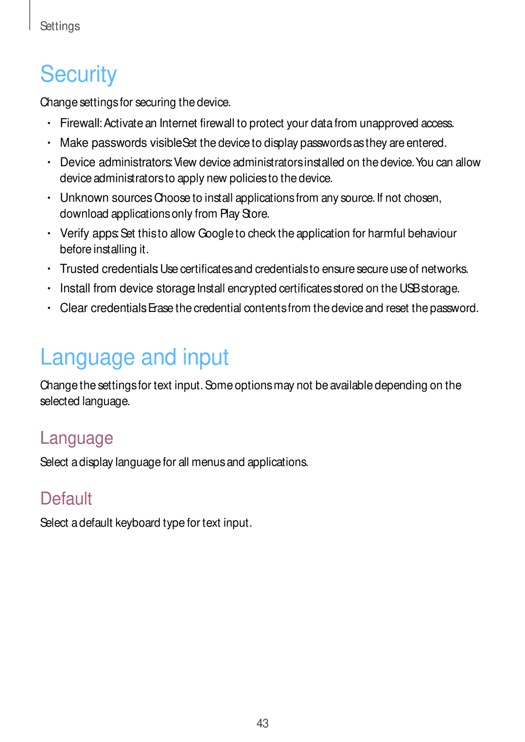 Samsung GT-B9150 user manual Security, Language and input, Default 