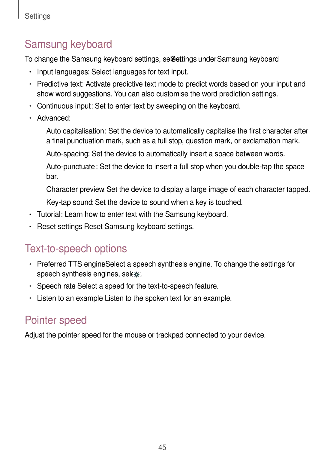 Samsung GT-B9150 user manual Samsung keyboard, Text-to-speech options, Pointer speed 