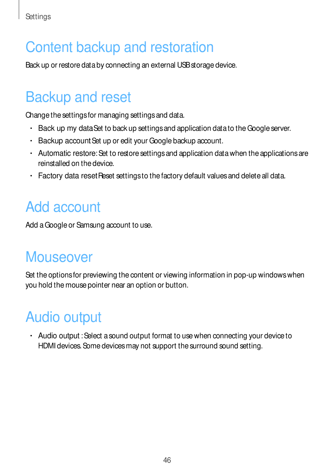 Samsung GT-B9150 user manual Content backup and restoration, Backup and reset, Add account, Mouseover, Audio output 