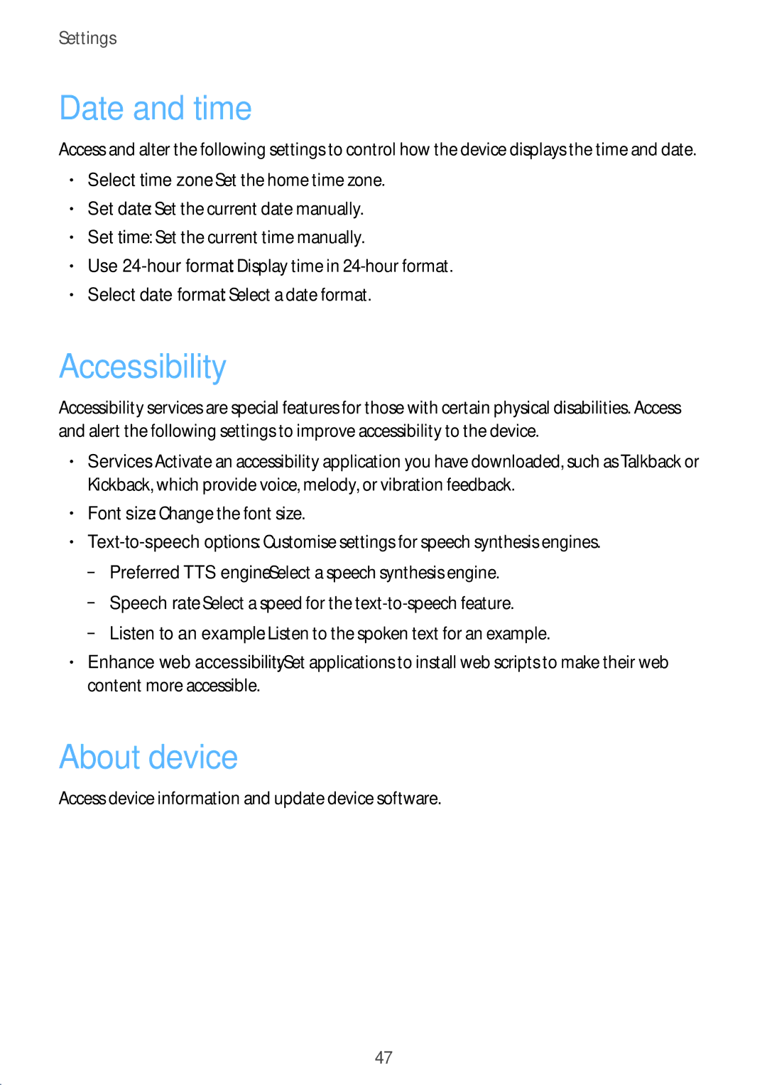 Samsung GT-B9150 user manual Date and time, Accessibility, About device 