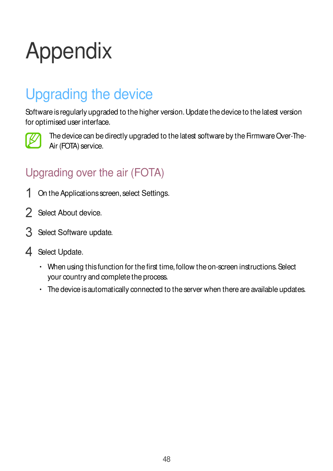 Samsung GT-B9150 Appendix, Upgrading the device, Upgrading over the air Fota, Select About device Select Software update 