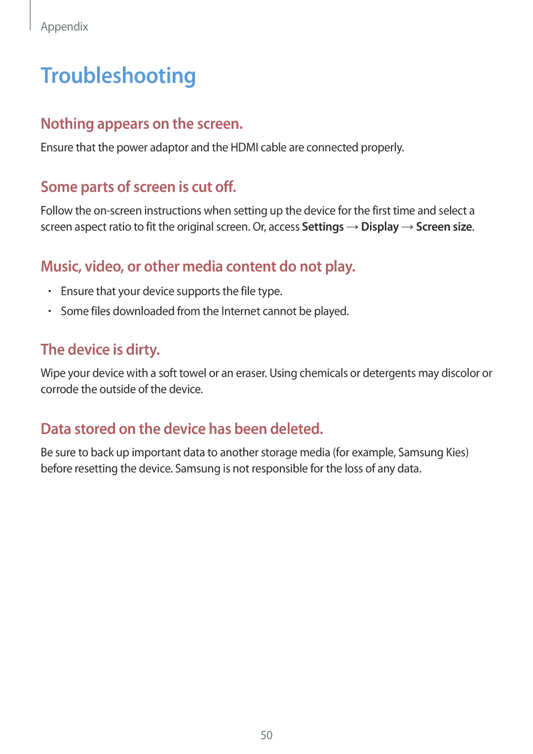 Samsung GT-B9150 user manual Troubleshooting, Some parts of screen is cut off 