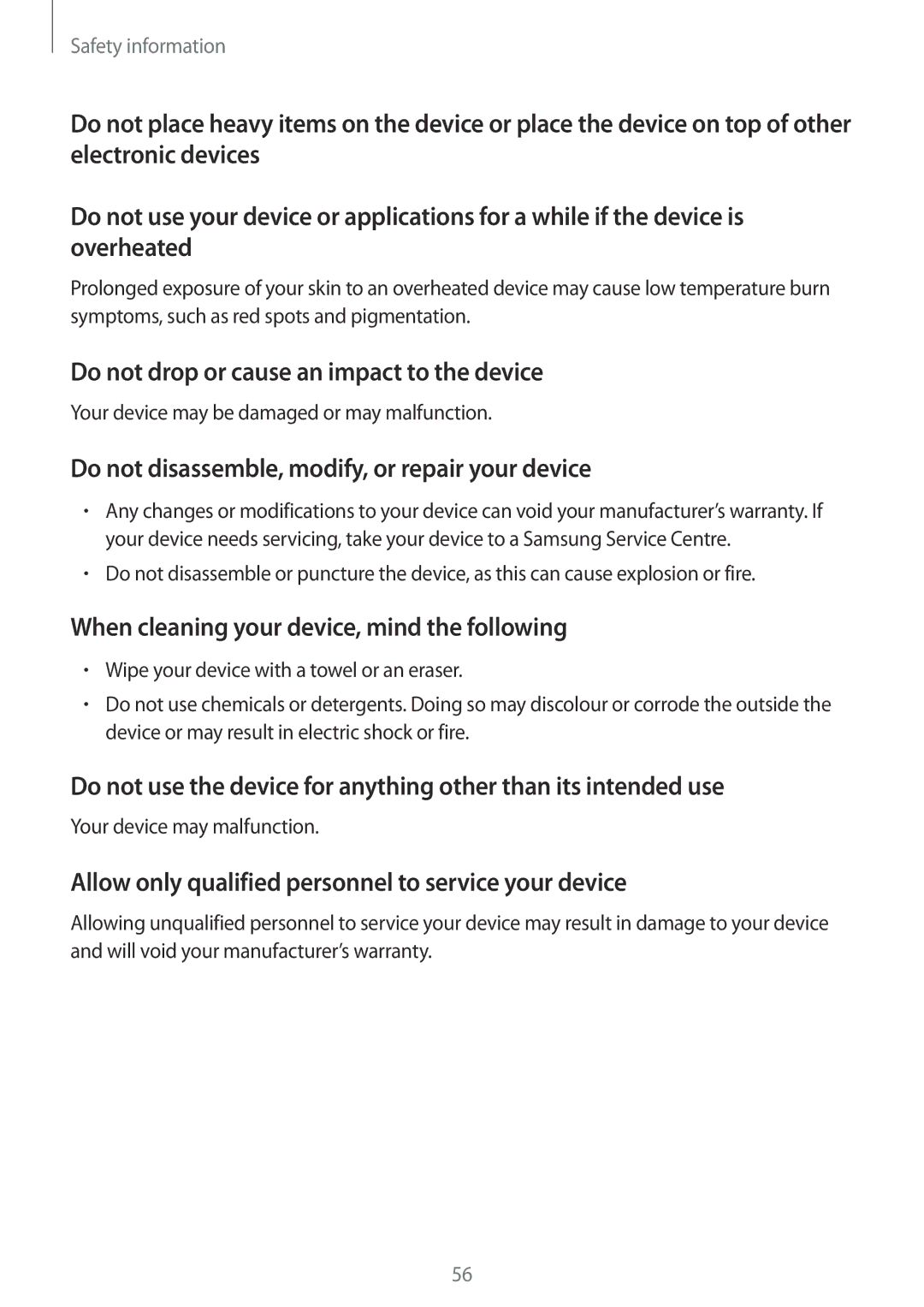 Samsung GT-B9150 Do not drop or cause an impact to the device, Do not disassemble, modify, or repair your device 