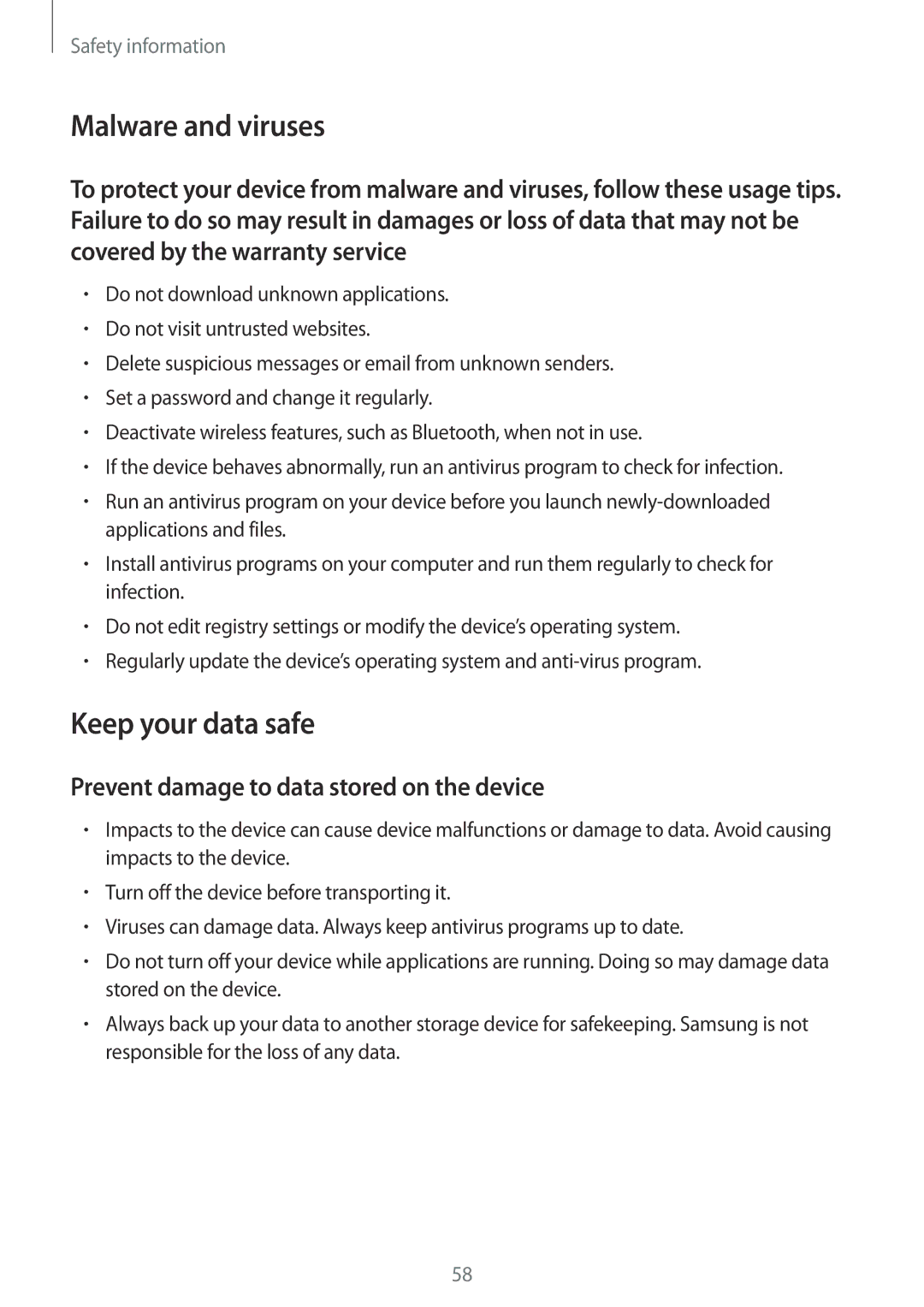 Samsung GT-B9150 user manual Malware and viruses, Prevent damage to data stored on the device 