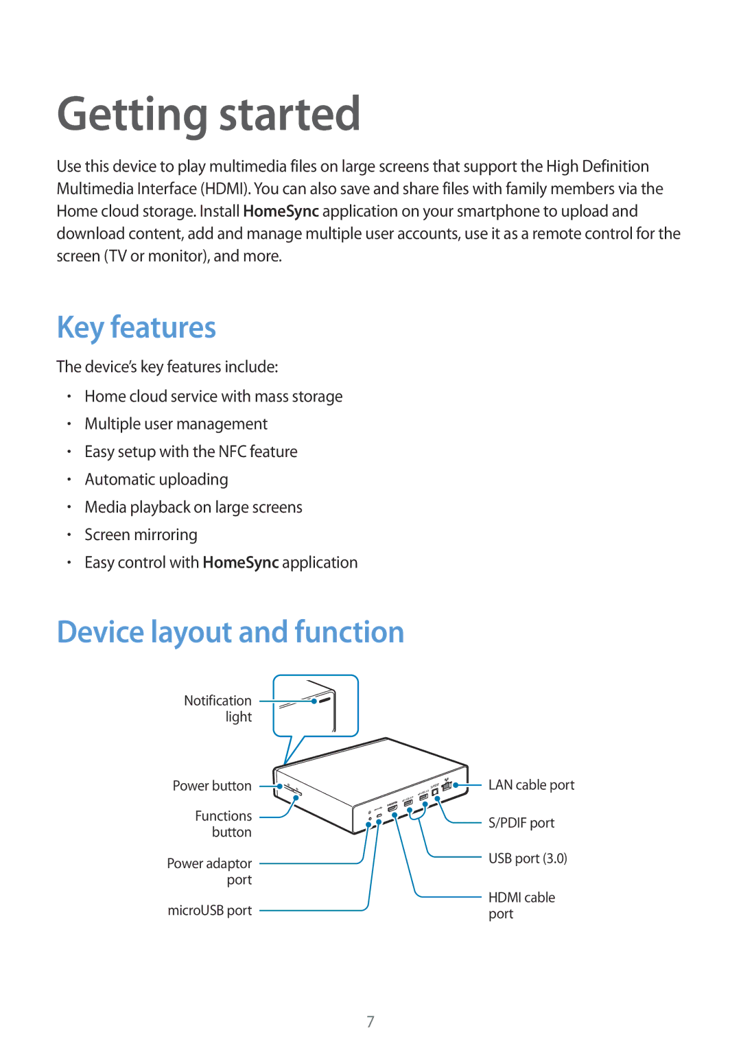 Samsung GT-B9150 user manual Getting started, Key features, Device layout and function 