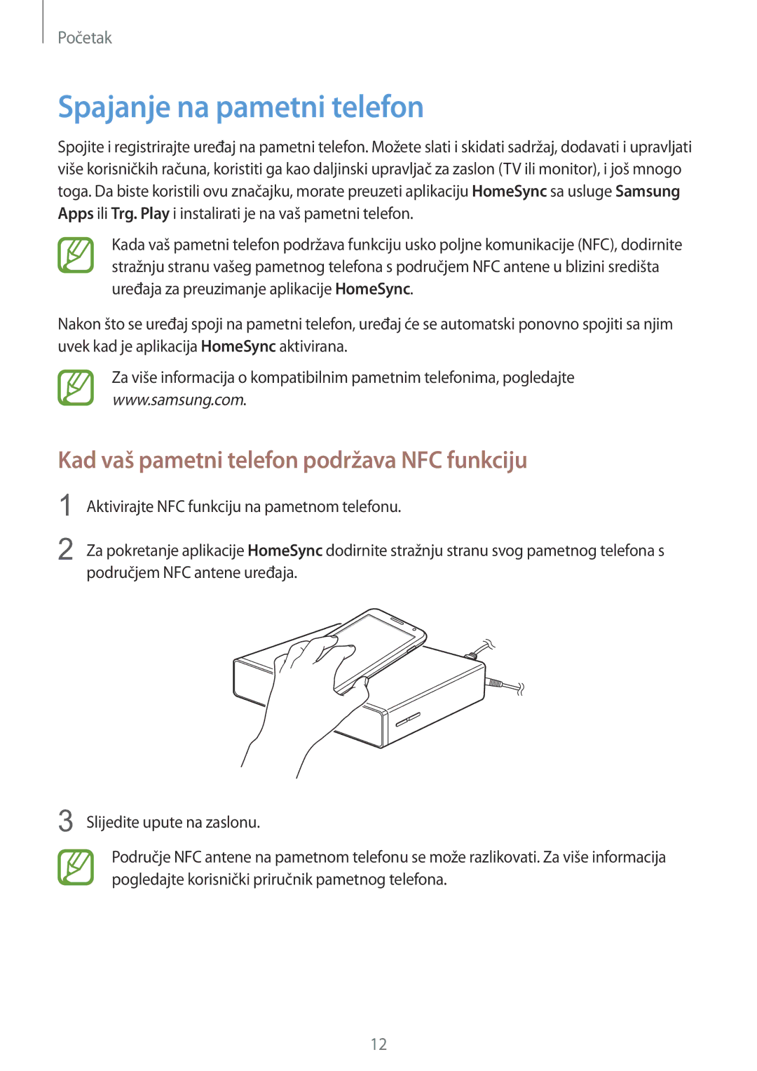 Samsung GT-B9150ZKACRO manual Spajanje na pametni telefon, Kad vaš pametni telefon podržava NFC funkciju 