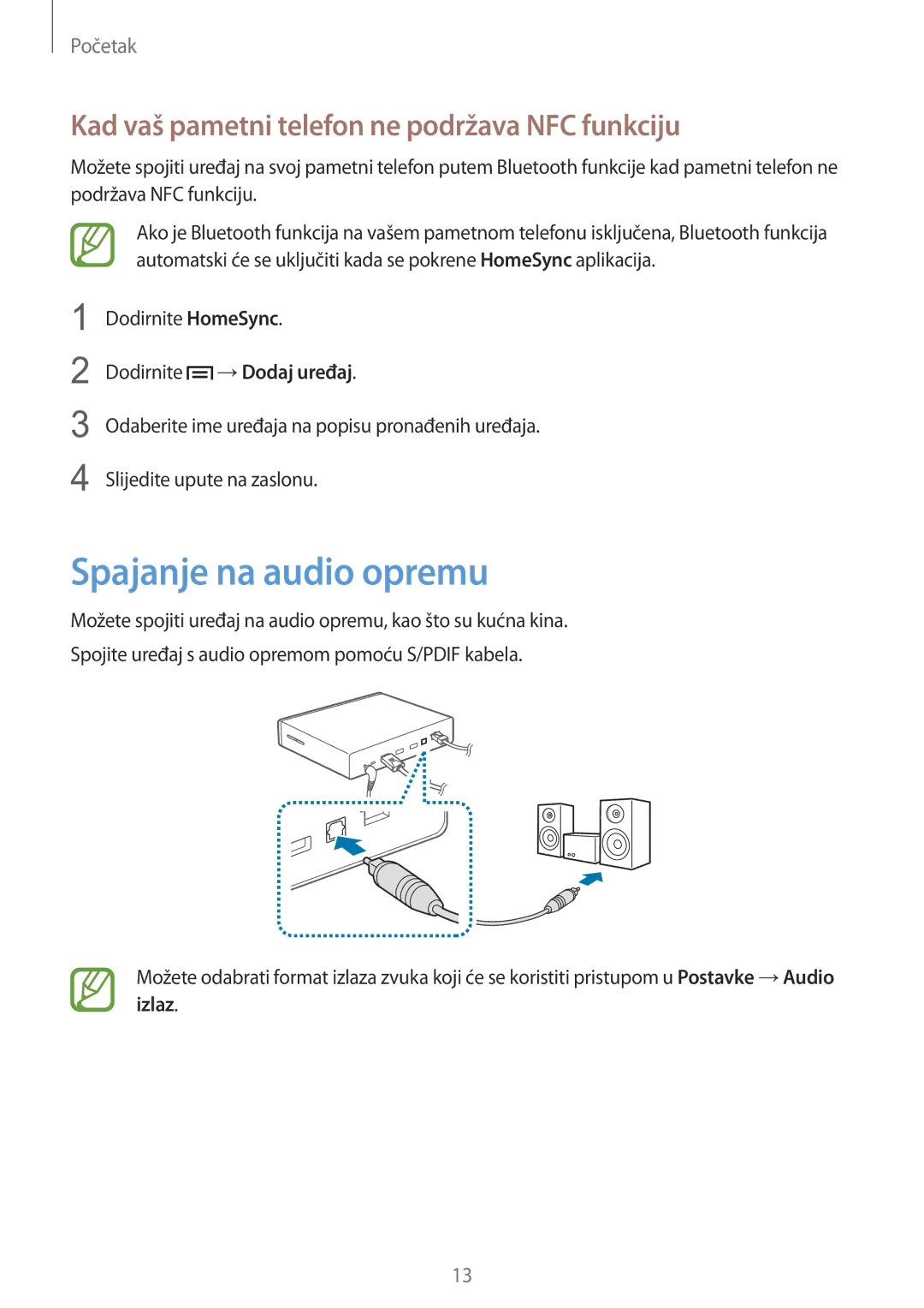 Samsung GT-B9150ZKACRO manual Spajanje na audio opremu, Kad vaš pametni telefon ne podržava NFC funkciju 