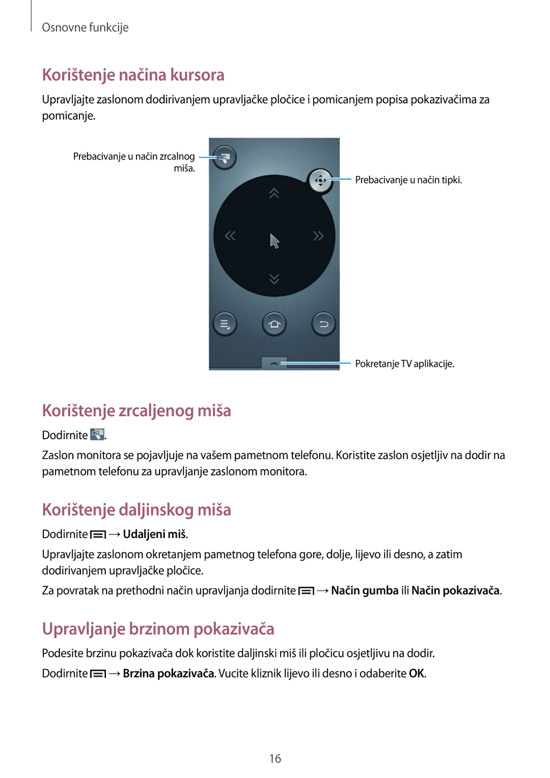 Samsung GT-B9150ZKACRO manual Korištenje načina kursora, Korištenje zrcaljenog miša, Korištenje daljinskog miša 