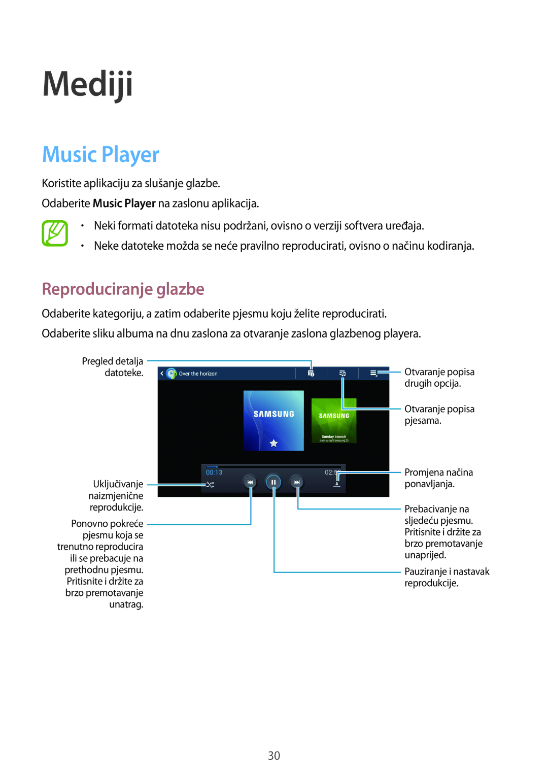 Samsung GT-B9150ZKACRO manual Mediji, Music Player, Reproduciranje glazbe 