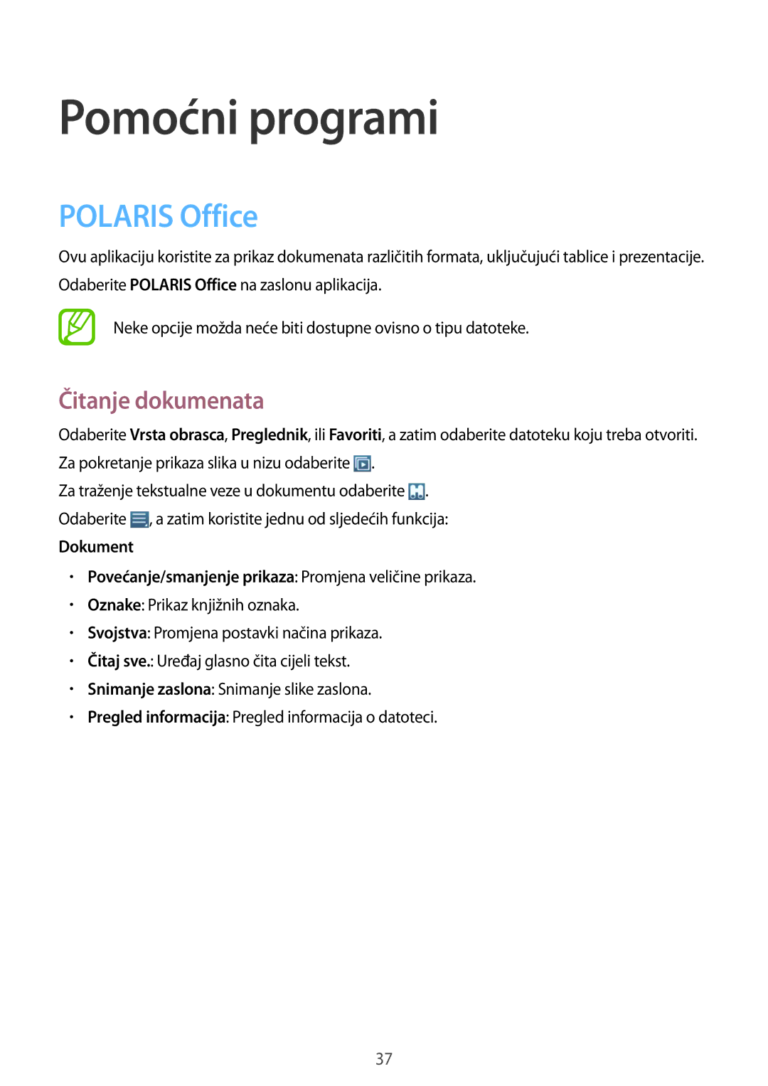 Samsung GT-B9150ZKACRO manual Pomoćni programi, Polaris Office, Čitanje dokumenata 