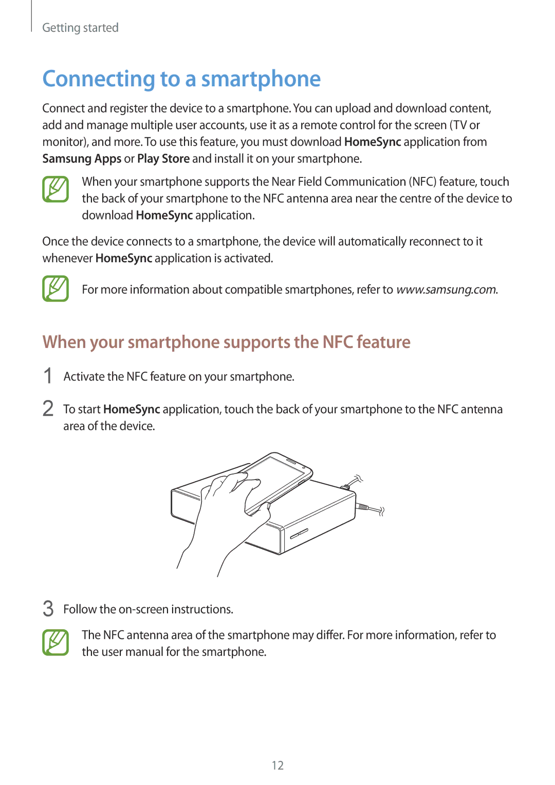 Samsung GT-B9150ZKAXEF, GT-B9150ZKADBT manual Connecting to a smartphone, When your smartphone supports the NFC feature 