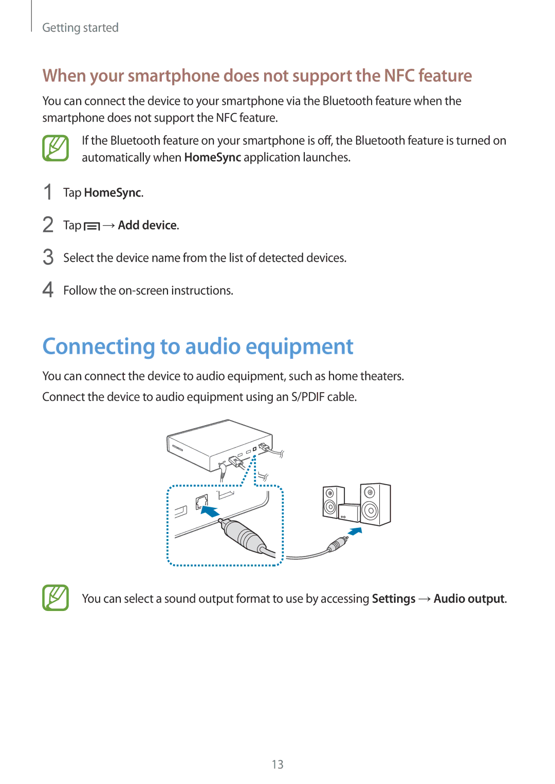 Samsung GT-B9150ZKAITV, GT-B9150ZKADBT, GT-B9150ZKAXEF manual Connecting to audio equipment, Tap HomeSync Tap →Add device 