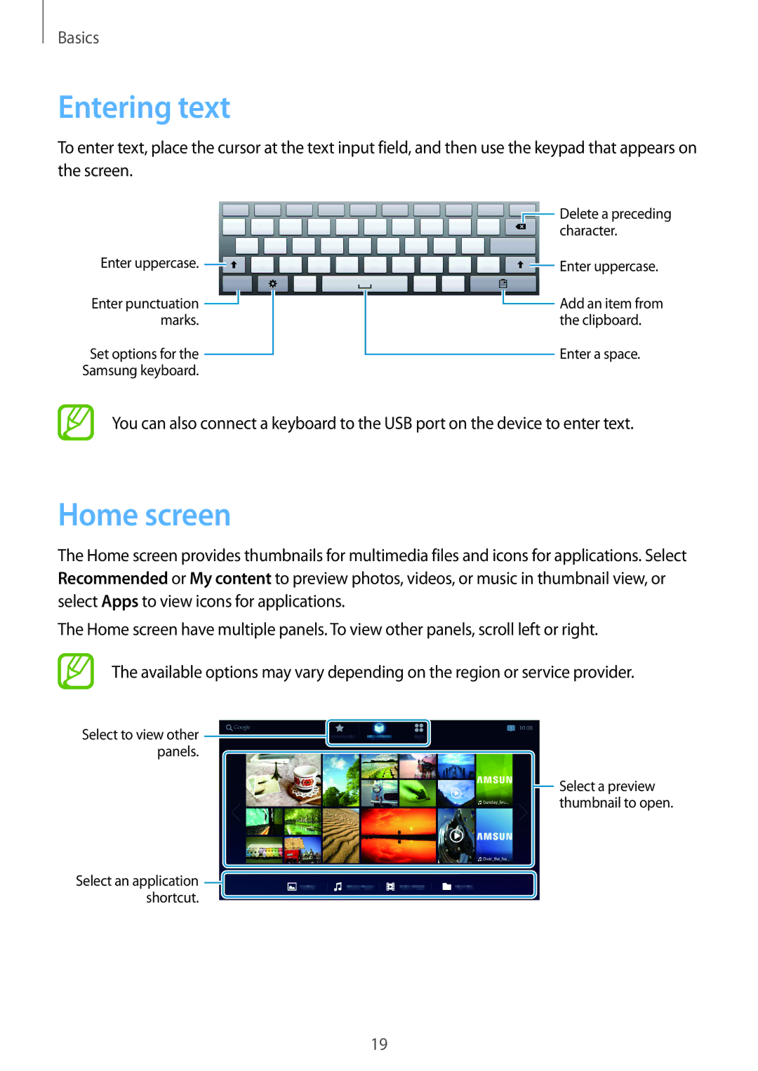 Samsung GT-B9150ZKASEB, GT-B9150ZKADBT, GT-B9150ZKAXEF, GT-B9150ZKAITV, GT-B9150ZKAPHE manual Entering text, Home screen 