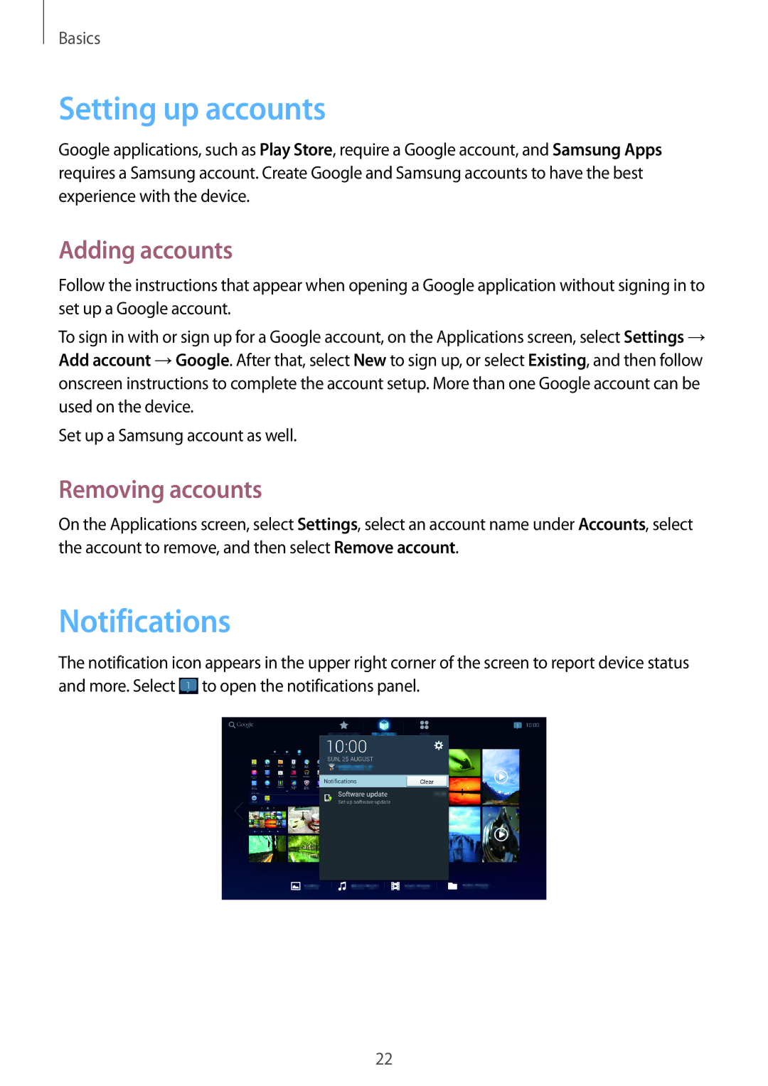 Samsung GT-B9150ZKADBT, GT-B9150ZKAXEF manual Setting up accounts, Notifications, Adding accounts, Removing accounts 