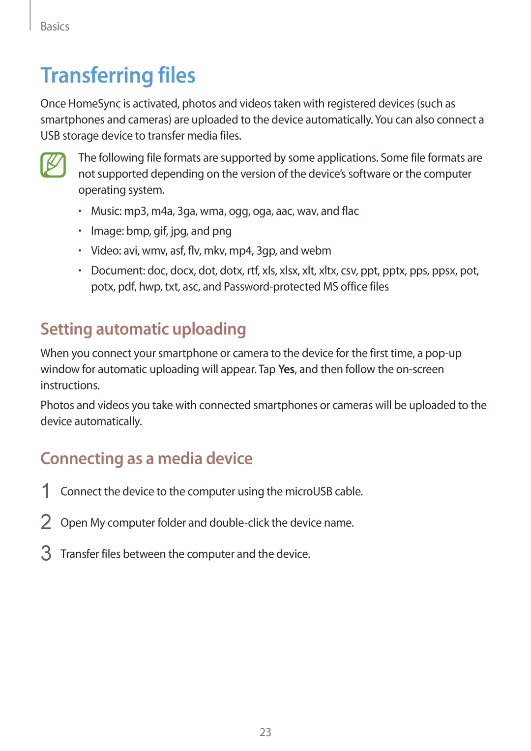 Samsung GT-B9150ZKAXEF, GT-B9150ZKADBT manual Transferring files, Setting automatic uploading, Connecting as a media device 