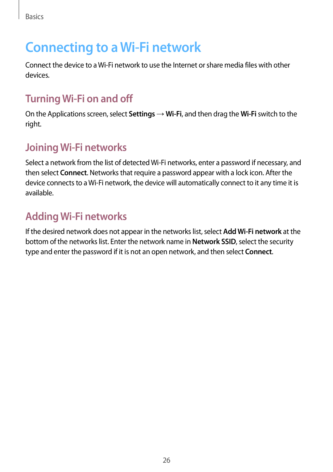 Samsung GT-B9150ZKAXEV, GT-B9150ZKADBT Connecting to a Wi-Fi network, Turning Wi-Fi on and off, Joining Wi-Fi networks 