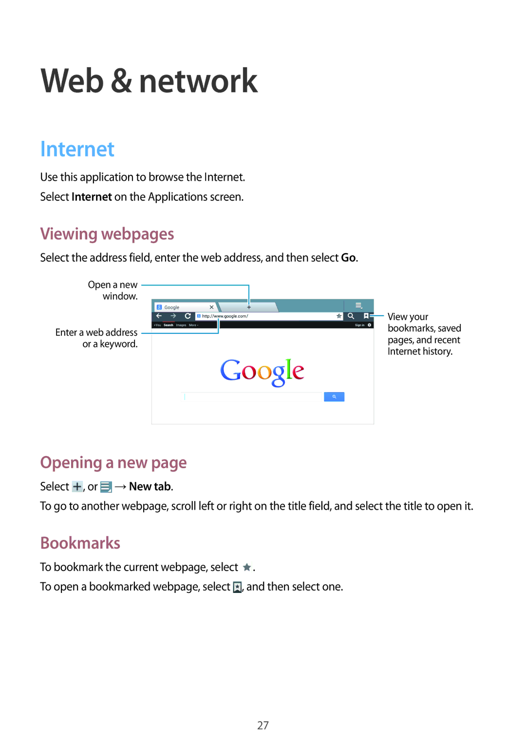 Samsung GT-B9150ZKACRO, GT-B9150ZKADBT, GT-B9150ZKAXEF Web & network, Internet, Viewing webpages, Opening a new, Bookmarks 