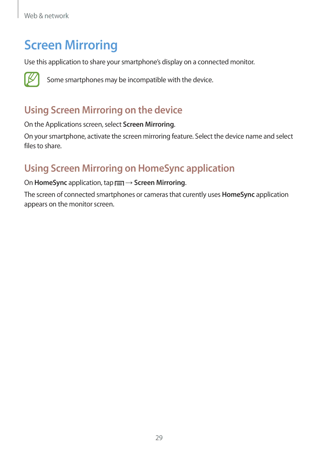 Samsung GT-B9150ZKANEE manual Using Screen Mirroring on the device, Using Screen Mirroring on HomeSync application 