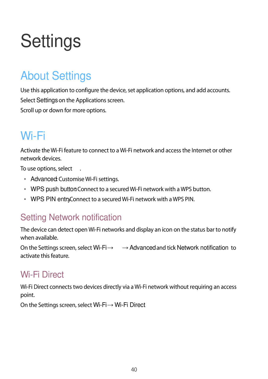 Samsung GT-B9150ZKANEE, GT-B9150ZKADBT, GT-B9150ZKAXEF About Settings, Setting Network notification, Wi-Fi Direct 