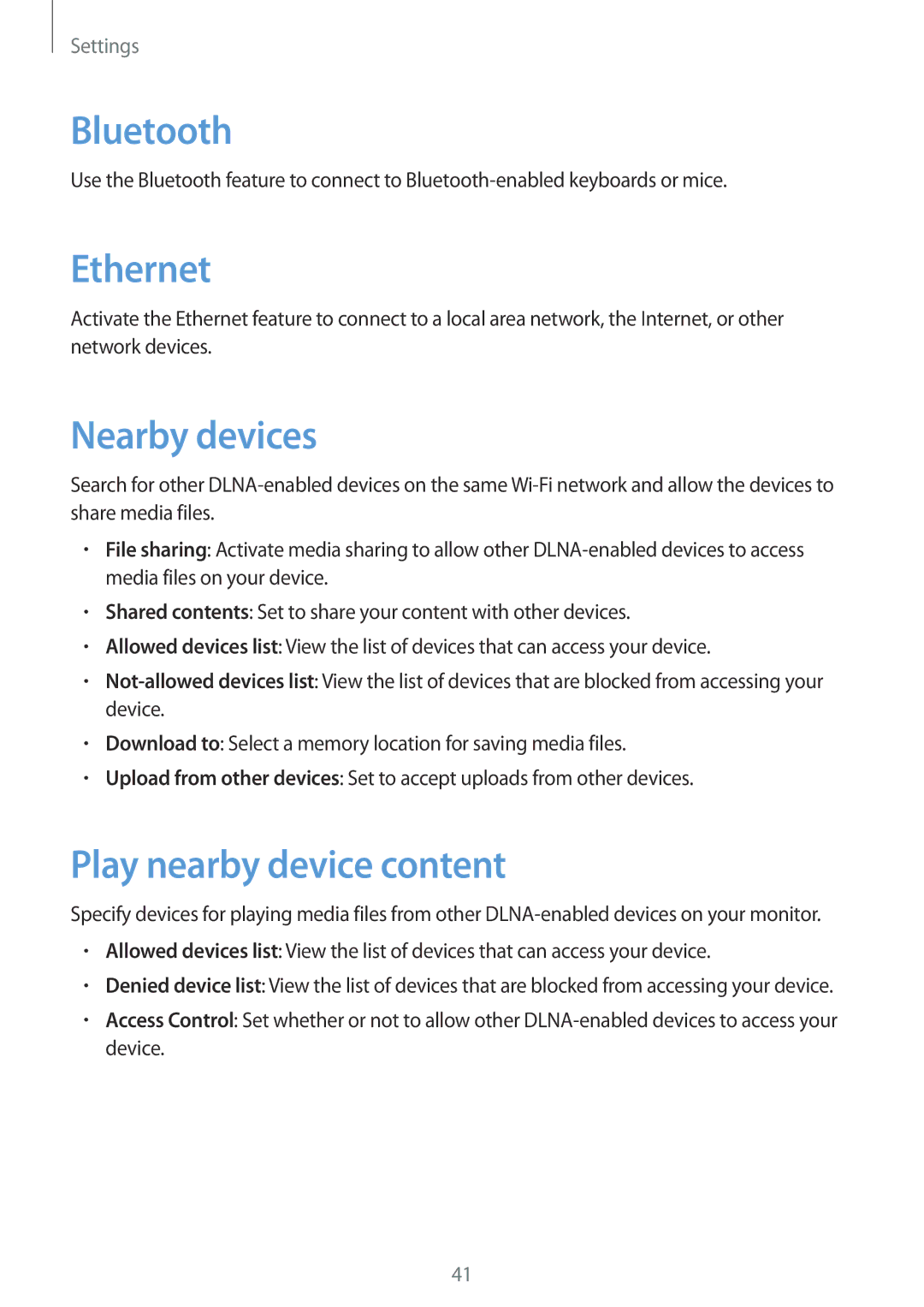 Samsung GT-B9150ZKASEB, GT-B9150ZKADBT, GT-B9150ZKAXEF manual Bluetooth, Ethernet, Nearby devices, Play nearby device content 