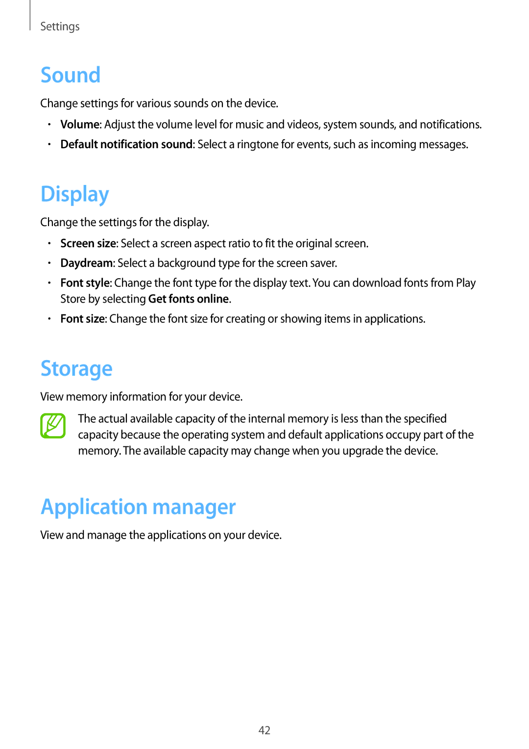 Samsung GT-B9150ZKAXEH, GT-B9150ZKADBT, GT-B9150ZKAXEF, GT-B9150ZKAITV manual Sound, Display, Storage, Application manager 