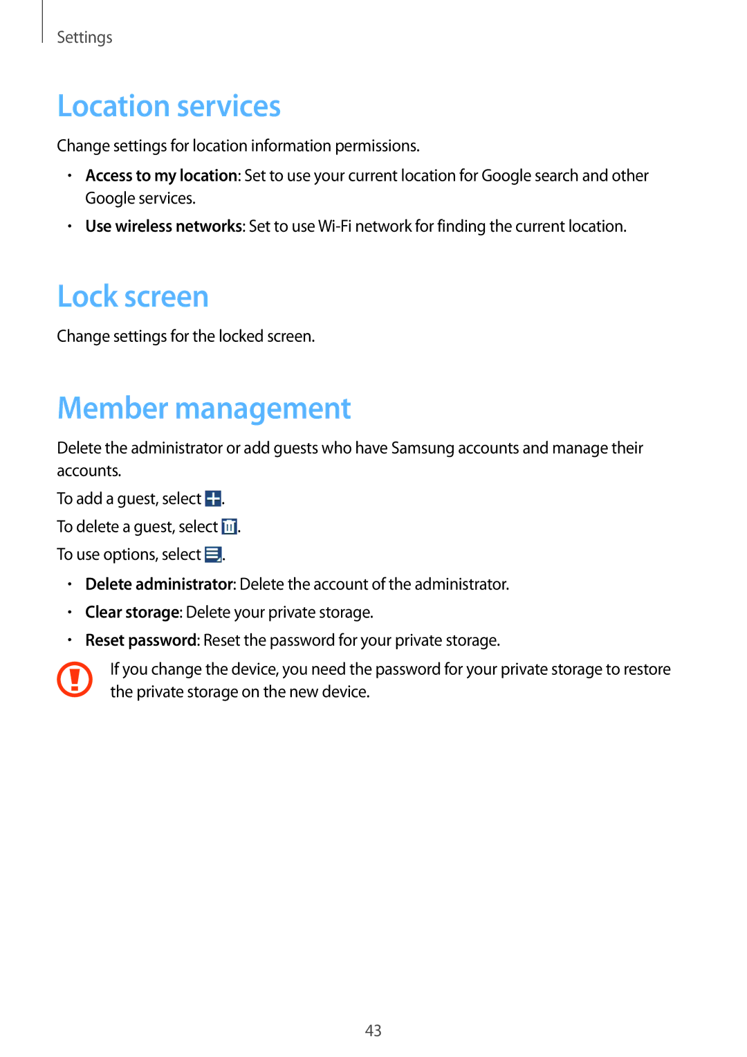 Samsung GT-B9150ZKASER manual Location services, Lock screen, Member management, Change settings for the locked screen 