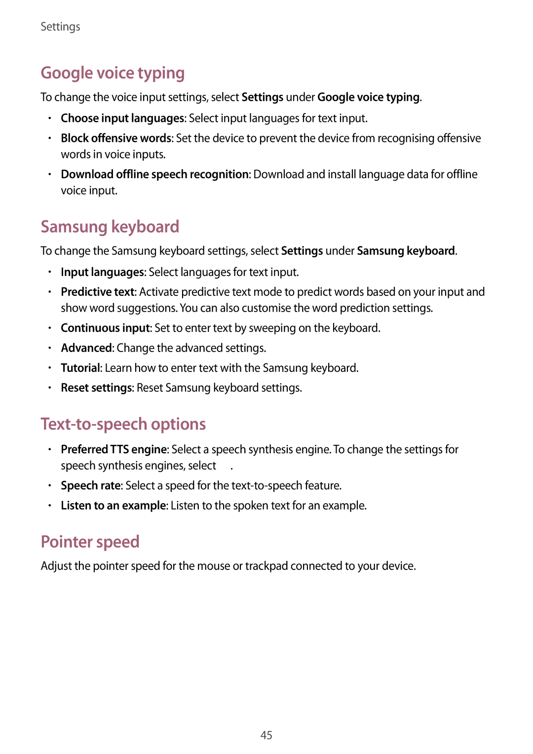 Samsung GT-B9150ZKAXEF, GT-B9150ZKADBT manual Google voice typing, Samsung keyboard, Text-to-speech options, Pointer speed 