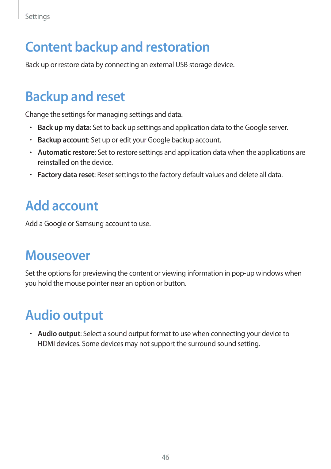 Samsung GT-B9150ZKAITV manual Content backup and restoration, Backup and reset, Add account, Mouseover, Audio output 