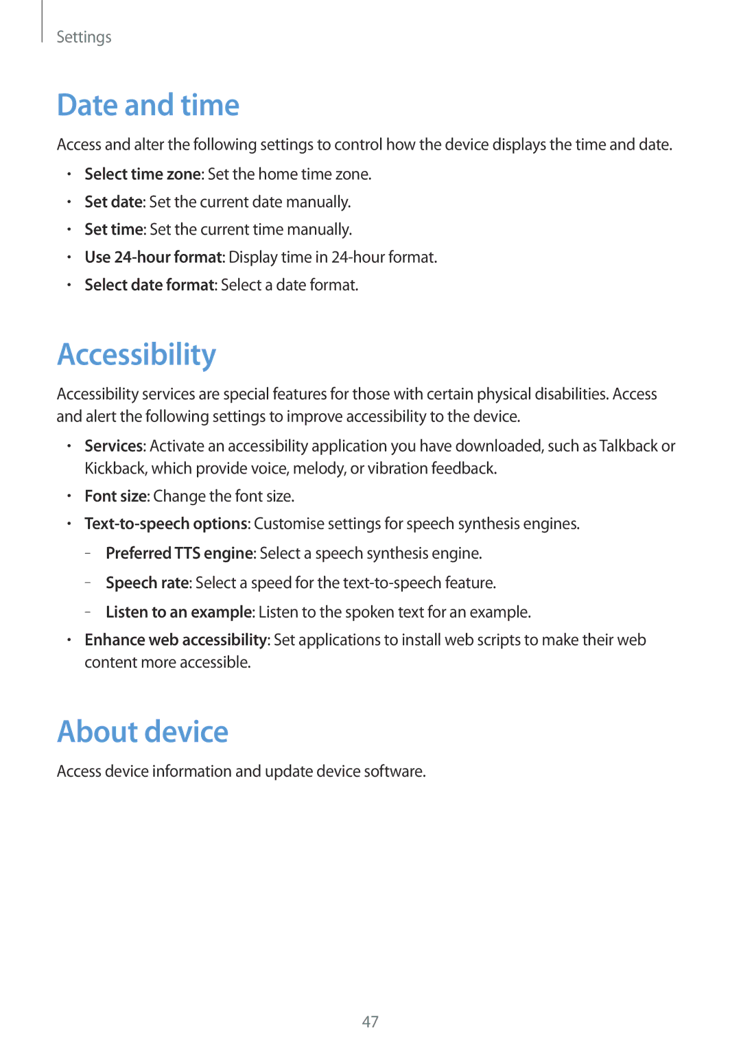 Samsung GT-B9150ZKAPHE Date and time, Accessibility, About device, Access device information and update device software 