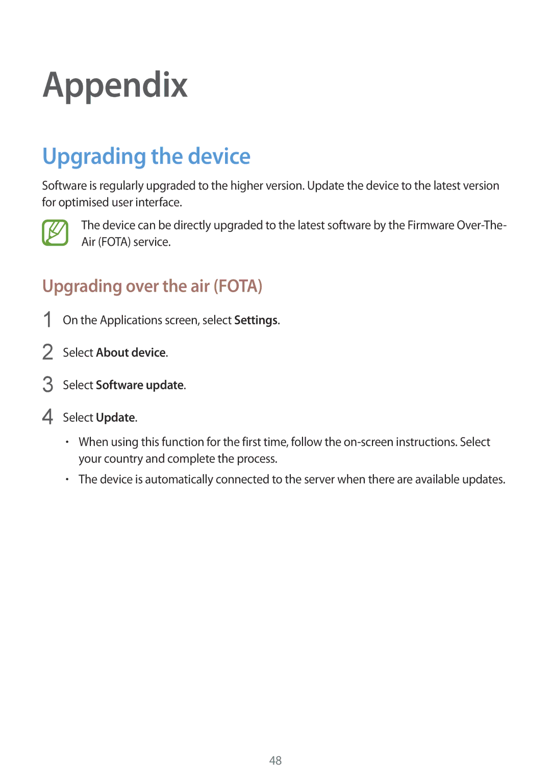 Samsung GT-B9150ZKAXEV, GT-B9150ZKADBT, GT-B9150ZKAXEF manual Appendix, Upgrading the device, Upgrading over the air Fota 