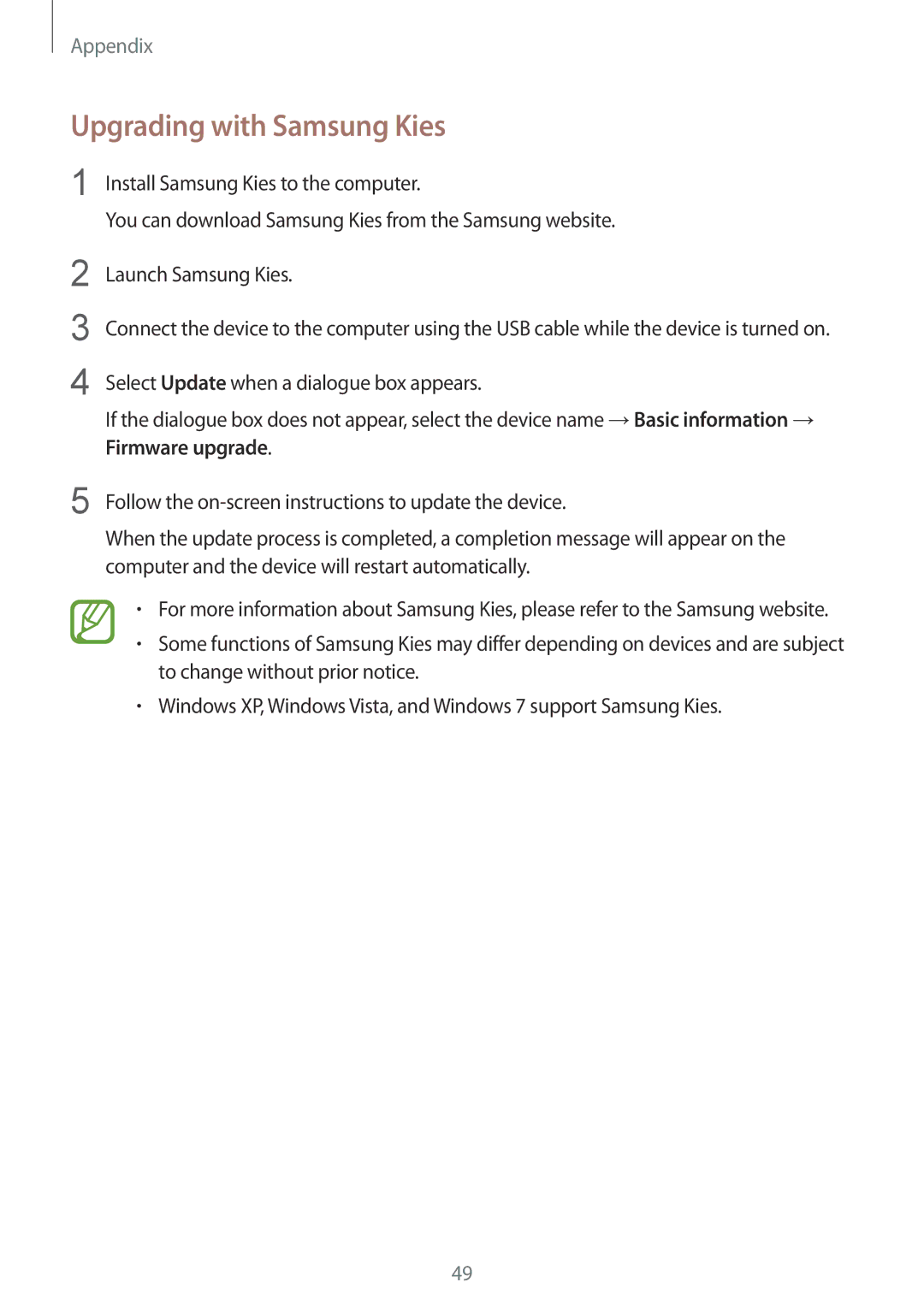 Samsung GT-B9150ZKACRO, GT-B9150ZKADBT, GT-B9150ZKAXEF, GT-B9150ZKAITV, GT-B9150ZKAPHE manual Upgrading with Samsung Kies 