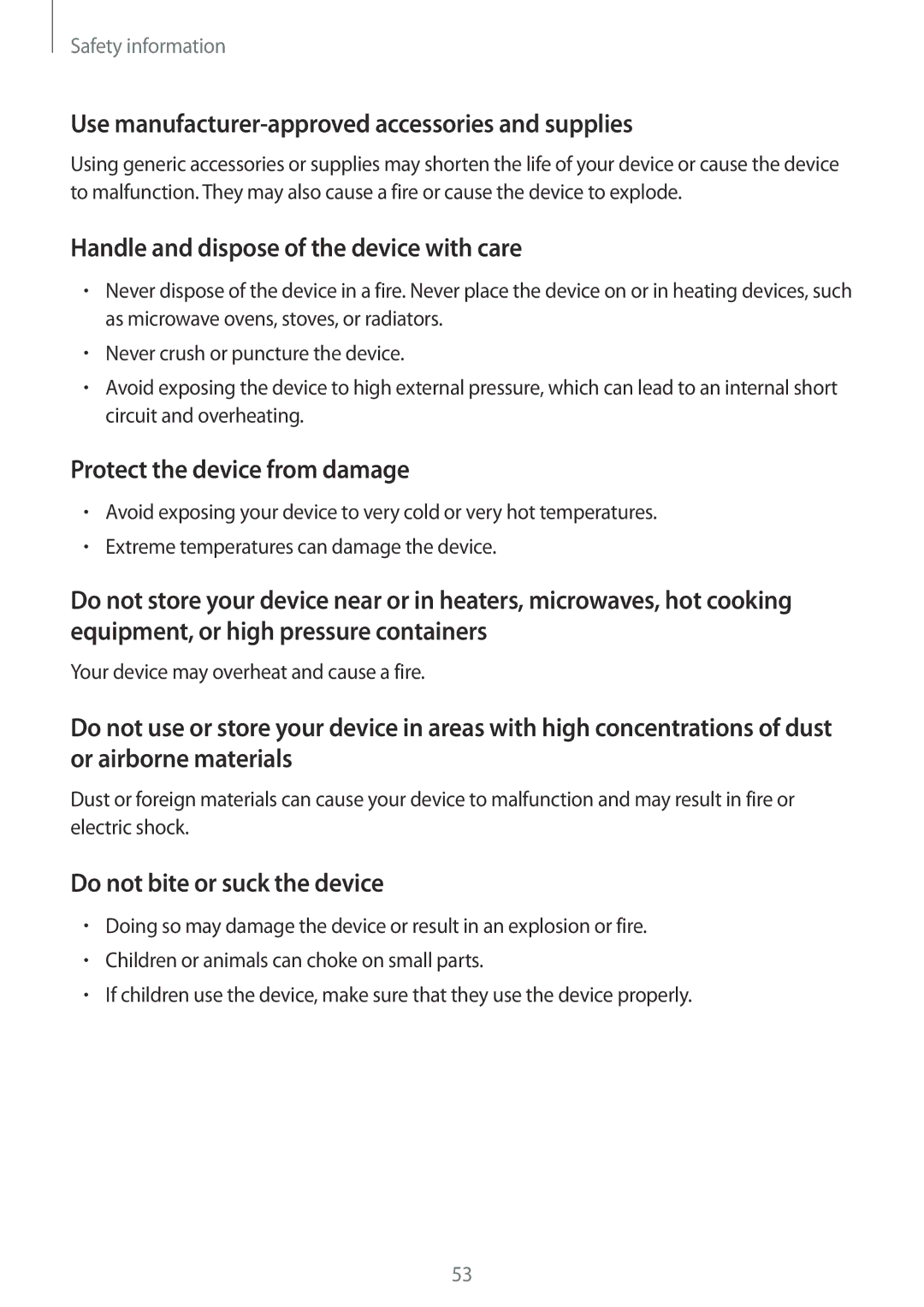 Samsung GT-B9150ZKAXEH Use manufacturer-approved accessories and supplies, Handle and dispose of the device with care 