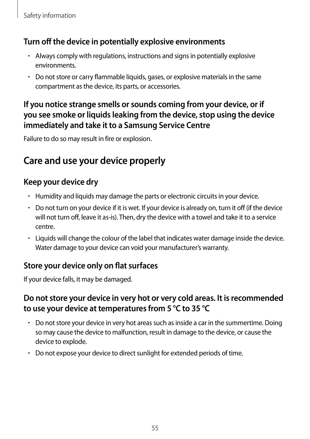 Samsung GT-B9150ZKADBT, GT-B9150ZKAXEF Turn off the device in potentially explosive environments, Keep your device dry 