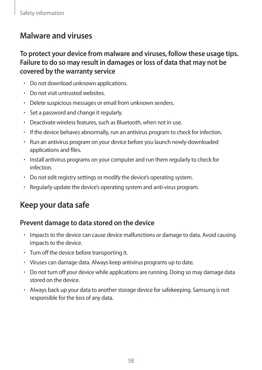 Samsung GT-B9150ZKAPHE, GT-B9150ZKADBT, GT-B9150ZKAXEF Malware and viruses, Prevent damage to data stored on the device 