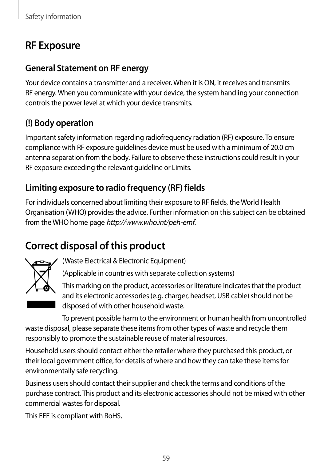 Samsung GT-B9150ZKAXEV General Statement on RF energy, Body operation, Limiting exposure to radio frequency RF fields 