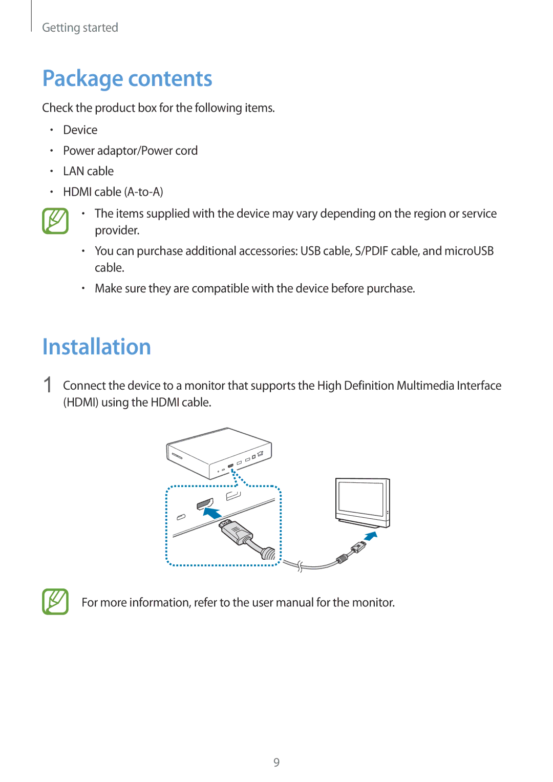 Samsung GT-B9150ZKAXEH, GT-B9150ZKADBT, GT-B9150ZKAXEF, GT-B9150ZKAITV, GT-B9150ZKAPHE manual Package contents, Installation 