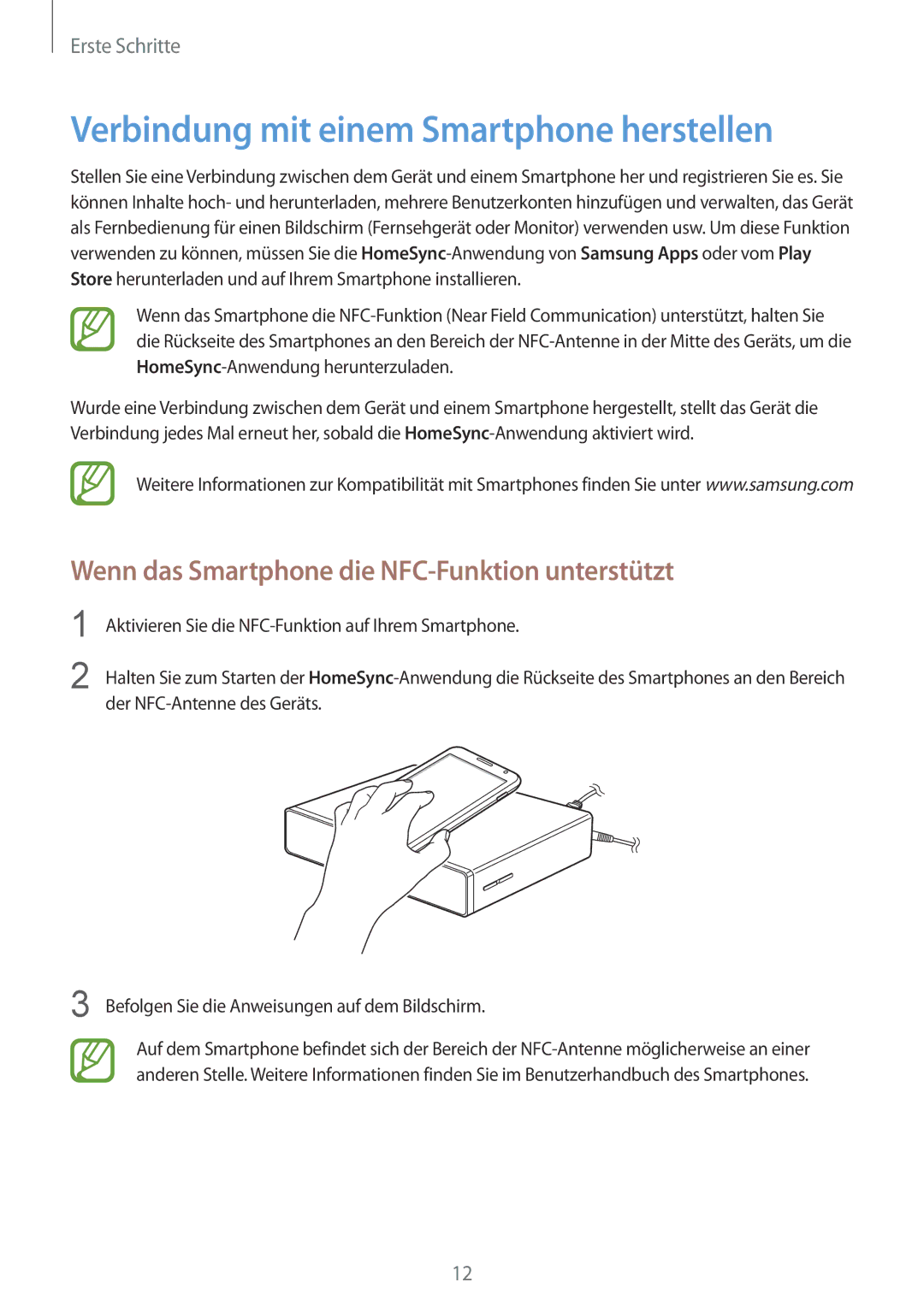 Samsung GT-B9150ZKADBT manual Verbindung mit einem Smartphone herstellen, Wenn das Smartphone die NFC-Funktion unterstützt 