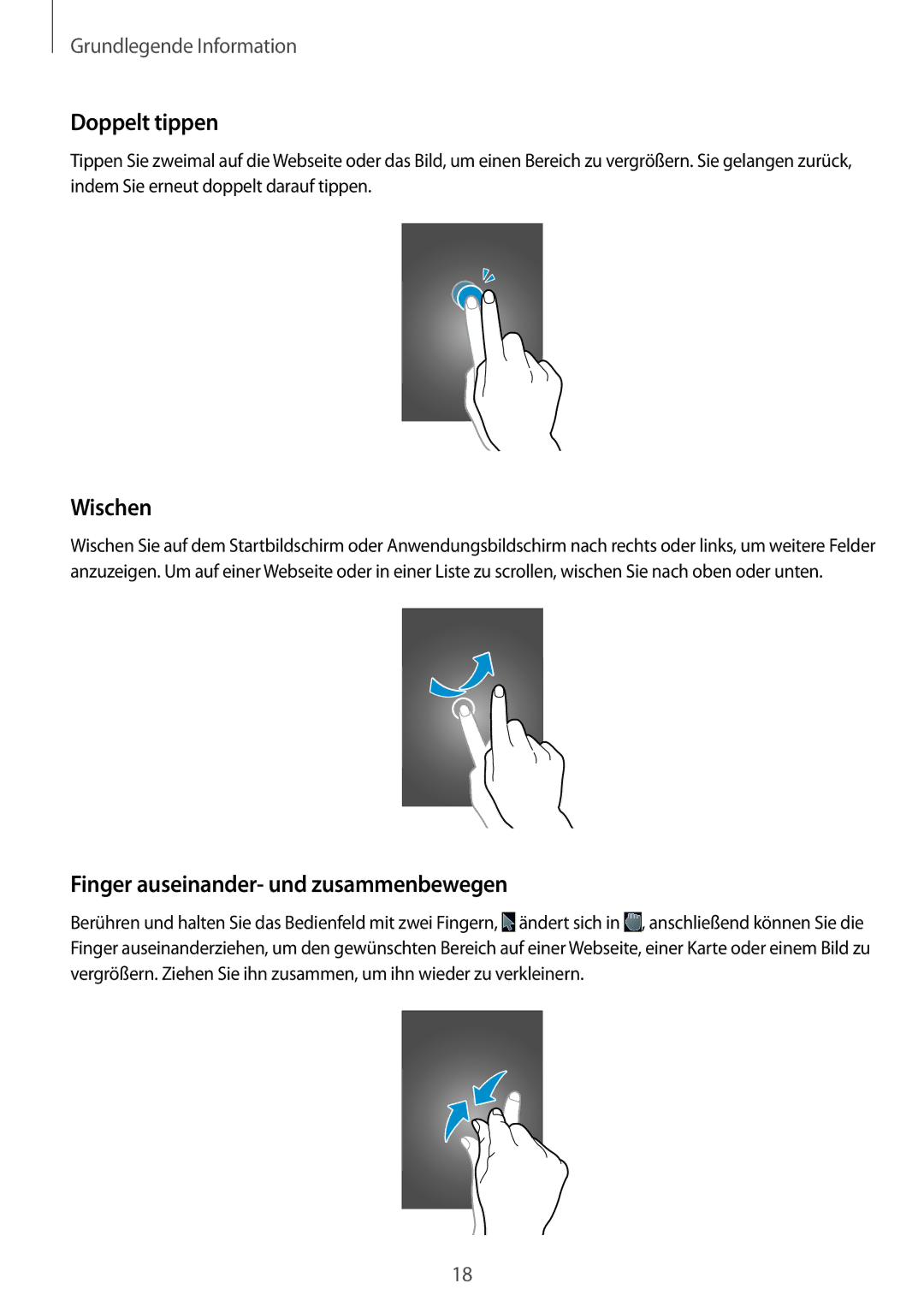 Samsung GT-B9150ZKADBT manual Doppelt tippen, Wischen, Finger auseinander- und zusammenbewegen 