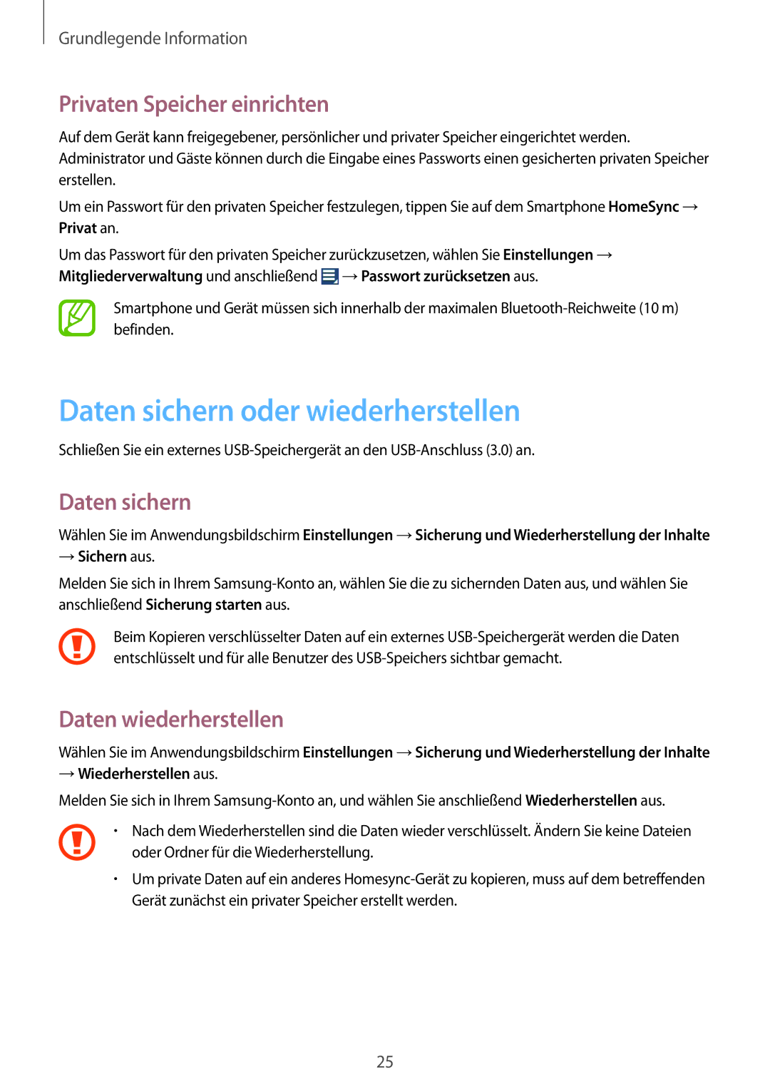 Samsung GT-B9150ZKADBT manual Daten sichern oder wiederherstellen, Privaten Speicher einrichten, Daten wiederherstellen 