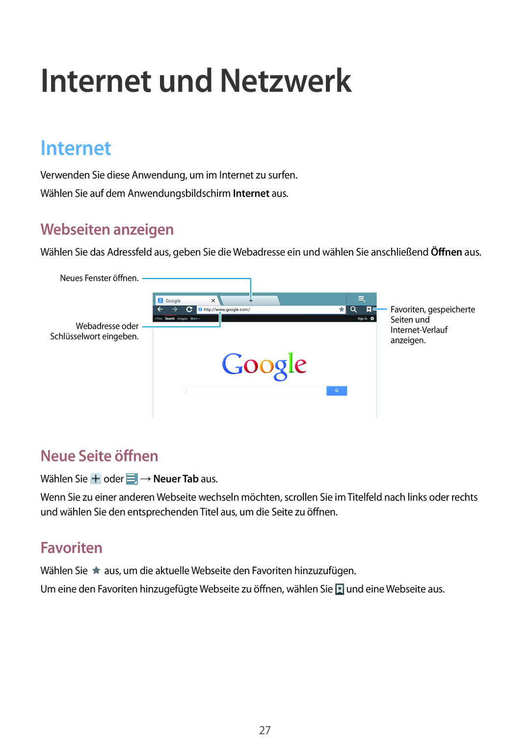Samsung GT-B9150ZKADBT manual Internet und Netzwerk, Webseiten anzeigen, Neue Seite öffnen, Favoriten 