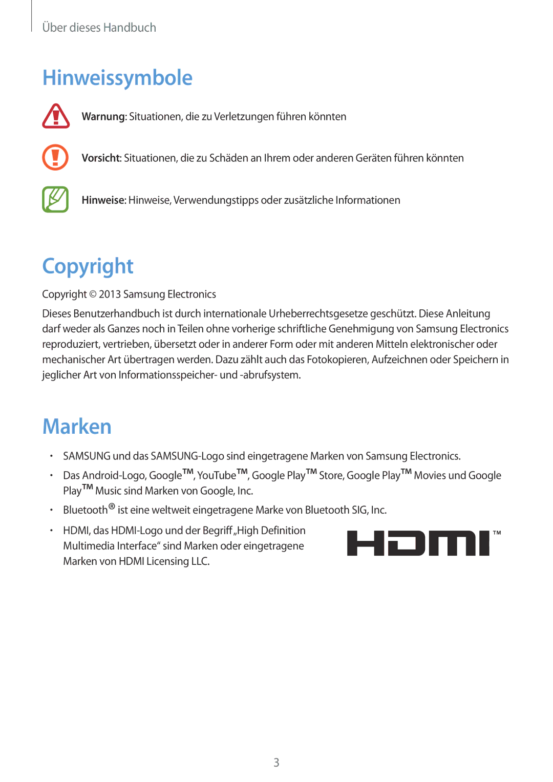 Samsung GT-B9150ZKADBT manual Hinweissymbole, Copyright, Marken 