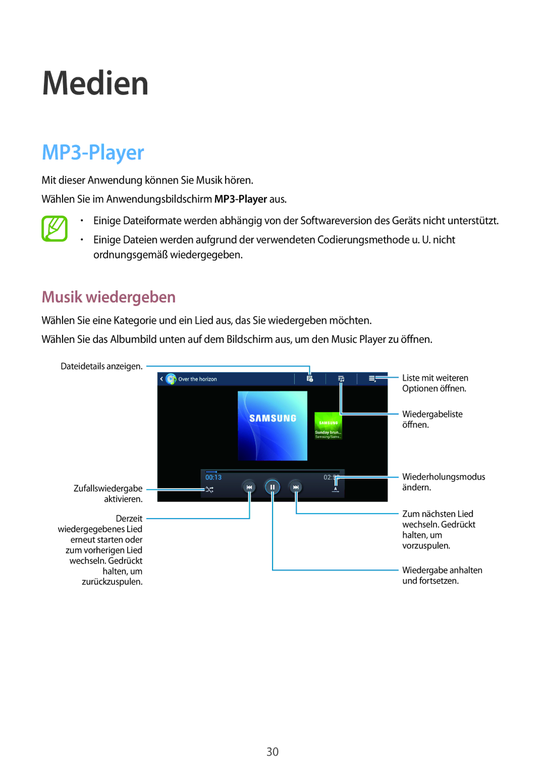 Samsung GT-B9150ZKADBT manual Medien, MP3-Player, Musik wiedergeben 