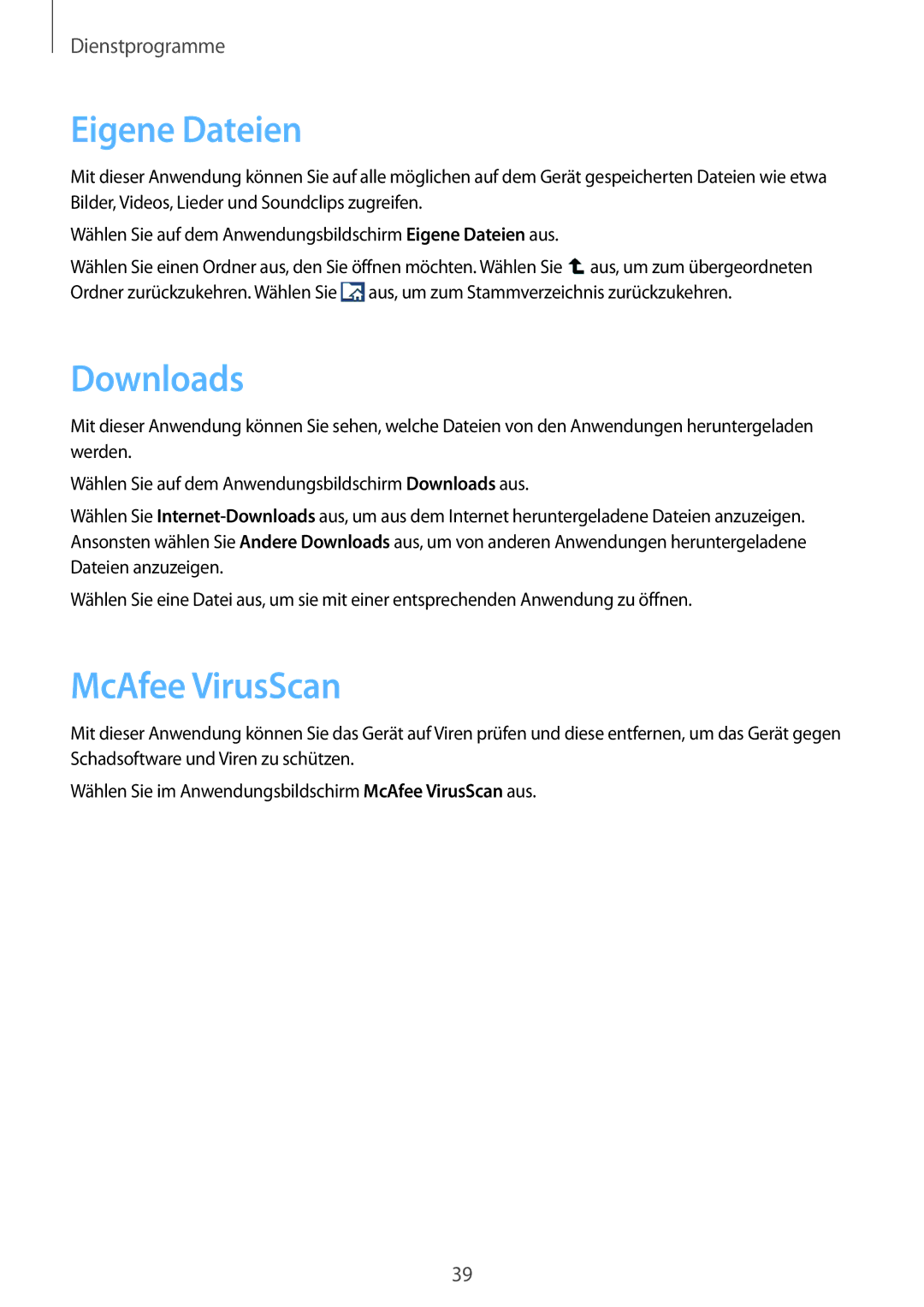 Samsung GT-B9150ZKADBT manual Eigene Dateien, Downloads, McAfee VirusScan 