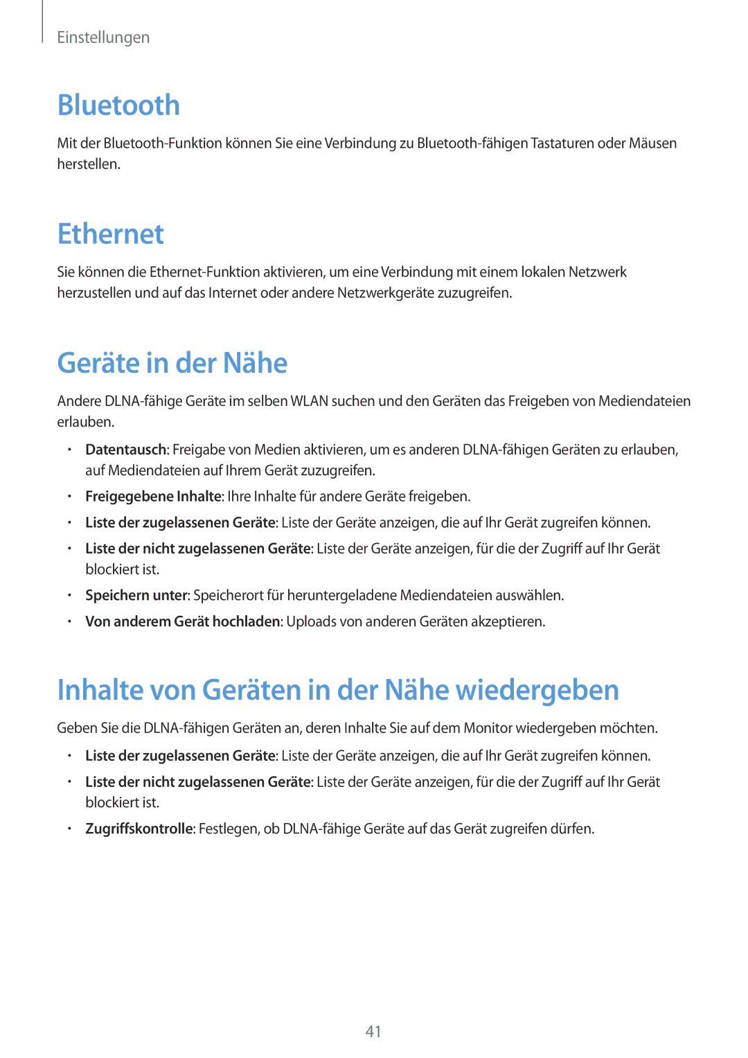 Samsung GT-B9150ZKADBT manual Bluetooth, Ethernet, Geräte in der Nähe, Inhalte von Geräten in der Nähe wiedergeben 