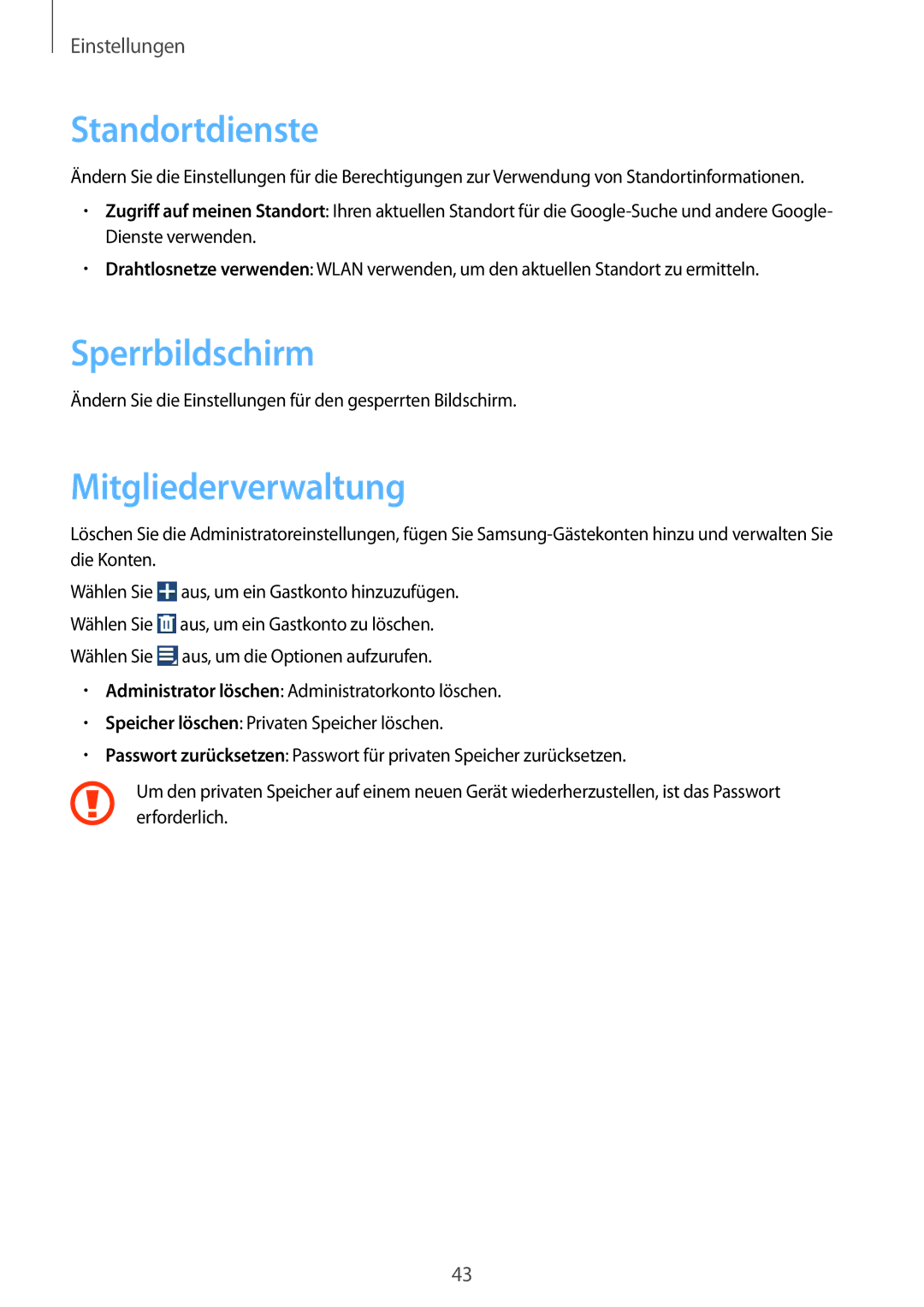 Samsung GT-B9150ZKADBT manual Standortdienste, Sperrbildschirm, Mitgliederverwaltung 