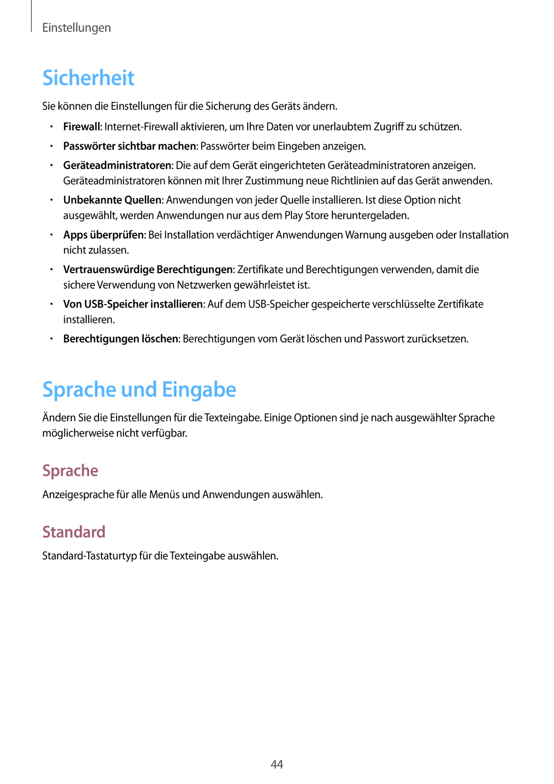 Samsung GT-B9150ZKADBT manual Sicherheit, Sprache und Eingabe, Standard 