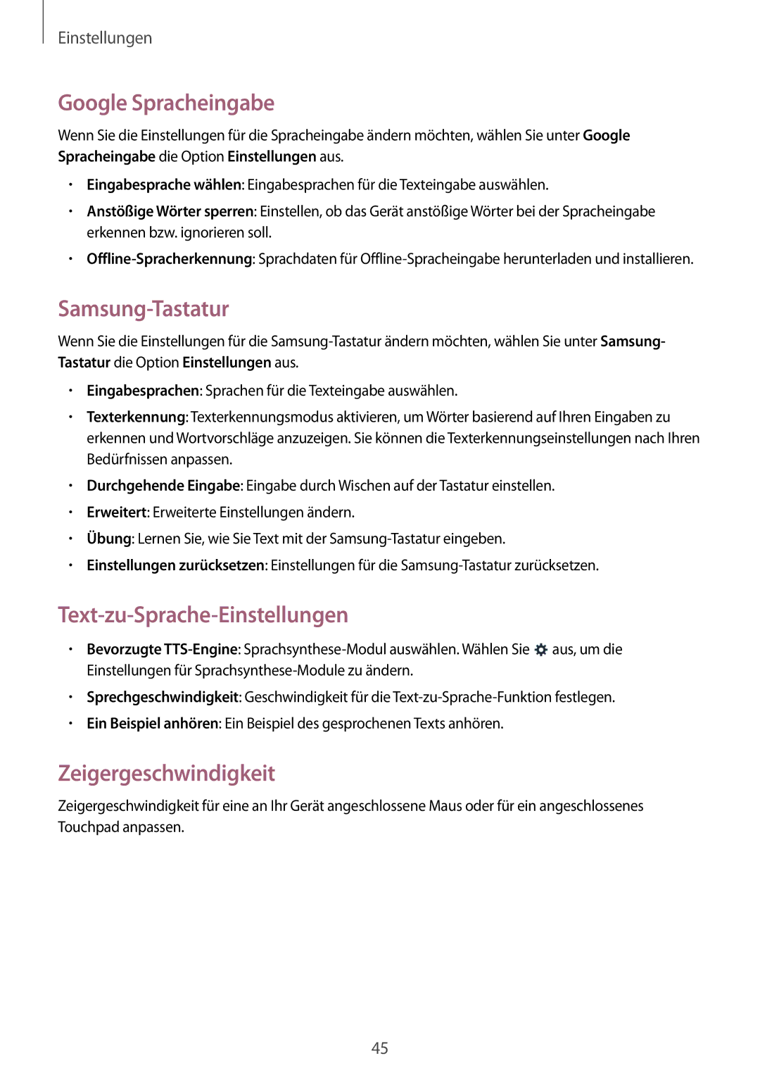 Samsung GT-B9150ZKADBT manual Google Spracheingabe, Samsung-Tastatur, Text-zu-Sprache-Einstellungen, Zeigergeschwindigkeit 