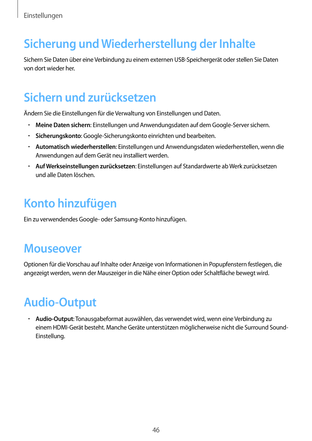 Samsung GT-B9150ZKADBT Sicherung und Wiederherstellung der Inhalte, Sichern und zurücksetzen, Konto hinzufügen, Mouseover 