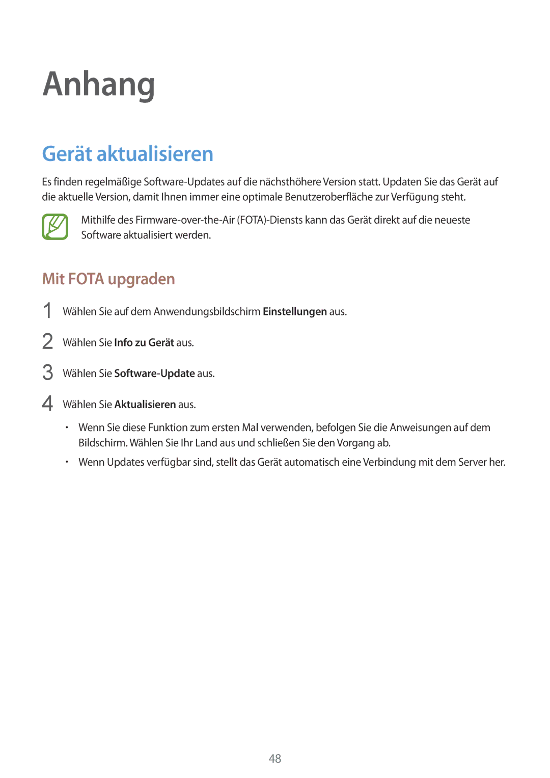 Samsung GT-B9150ZKADBT manual Anhang, Gerät aktualisieren, Mit Fota upgraden, Wählen Sie Software-Update aus 