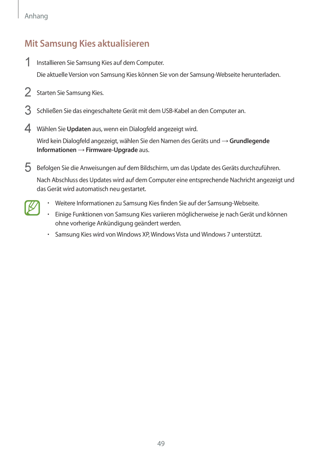 Samsung GT-B9150ZKADBT manual Mit Samsung Kies aktualisieren 